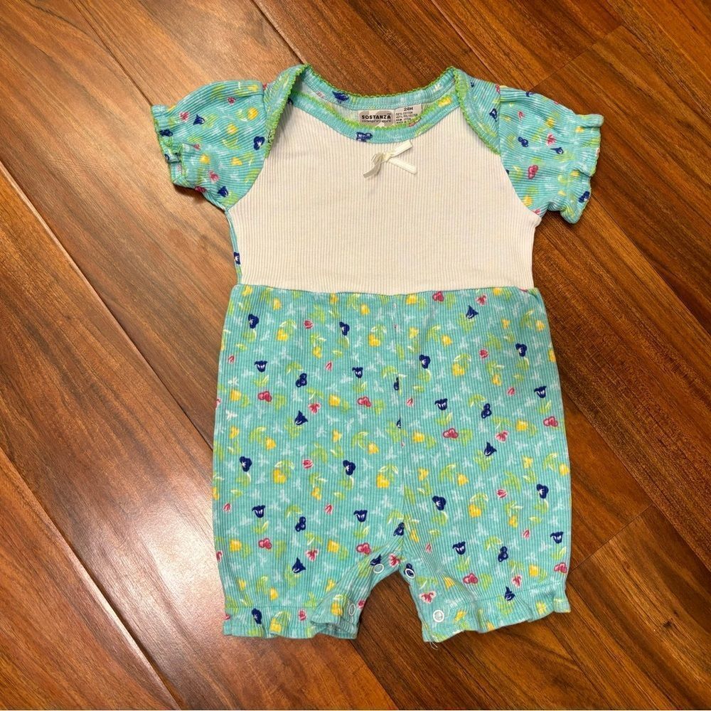 Sostanza vintage teal/white floral short sleeve romper